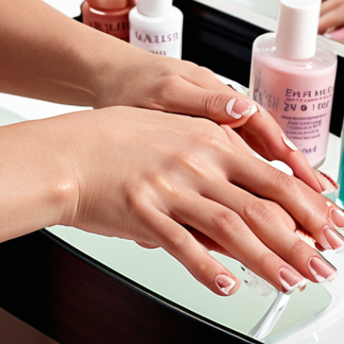 **

Prompt: Close-up of hands applying clear nail strengthener polish to brittle nails. Focus on the texture of the nails and the application process. Background: a vanity or dressing table with various nail care products.

**
